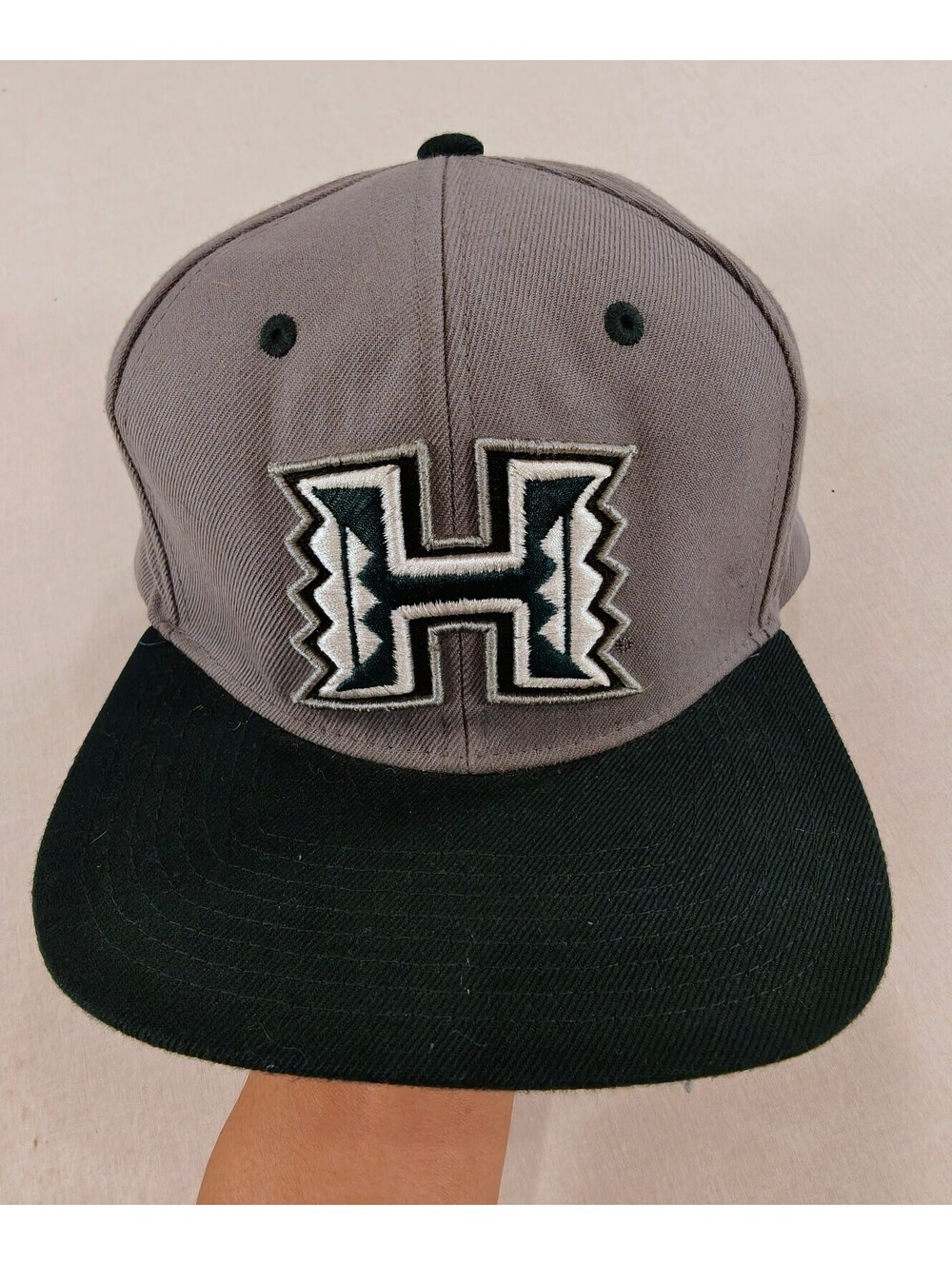 Zephyr University of Hawaii Snapback Hat Gray and Green with embroidered H Logo